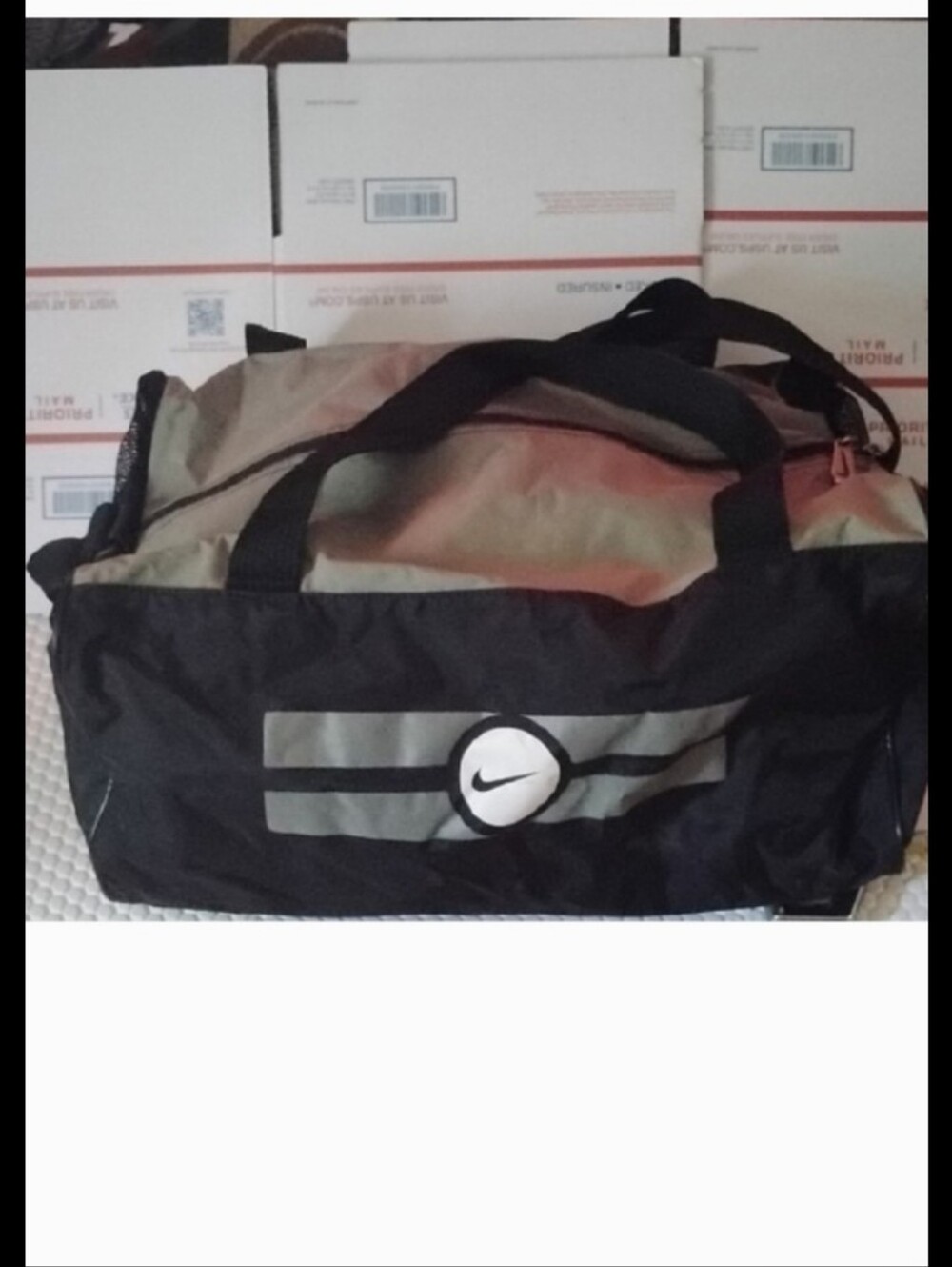 Nike Black and Light Gray Duffel Bag with Logo Stripes
